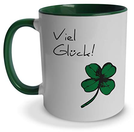 tassenprinter Spruch-Tasse: Viel Glück! – weiß mit grün Innen & Henkel – Geschenk-Idee/Mug/Cup/Kaffee/Tee