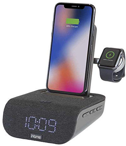 iHome Reloj despertador de carga triple TIMEBASE PRO+ | Carga inalámbrica certificada Qi, cargador de Apple Watch, altavoz Bluetooth, carga USB y batería de respaldo (modelo iWBTW200B)