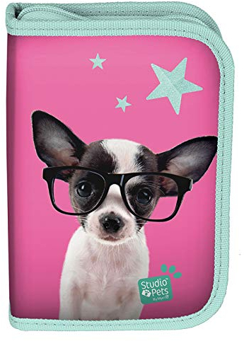 Kinder FEDERTASCHE 22-TEILIG - Studio Pets - Hund MIT Brille - ROSA/GRÜN