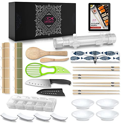 Takedento Sushi Making Kit - 23 in 1 Sushi Kit with Sushi Bazooka Roller Machine, Bamboo Mat Roll Maker, Chef Knife, Chopsticks, Nigiri Mold, Rice Paddle - Easy DIY Sushi Making Kit for Beginners