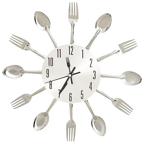 vidaXL Wanduhr mit Löffel Gabel Design Dekorativ Wand Uhr Wandtattoo Deko Dekoration Wohnzimmeruhr Analoguhr Silbern 31cm Aluminium