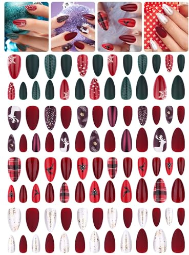 EBANKU 96 pcs Christmas Full Cover False Nails, Christmas Press on Nails 3D Full Cover Nail Art Santa Claus Snowflake Christmas Tree for Women Girls Nail Art Decoration DIY (A)