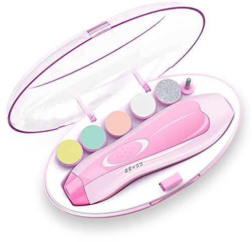 Baby Nail File, Electric Baby Nail Trimmer with LED Front Light, Safe and Quiet Baby Nail Clipper with 6 Grinding Heads for Newborn Infant Toddler Kids or Women (Rose)