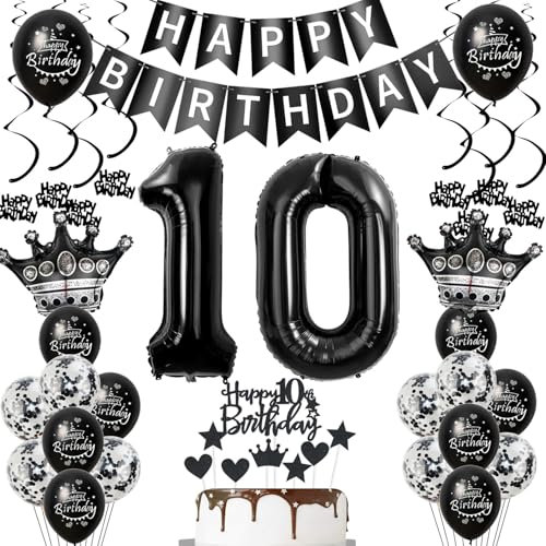 10. Geburtstagsdeko Luftballons Schwarz, Geburtstagsdeko 10 Jahr Junge, Schwarz Luftballon 10. Geburtstag Junge Mädchen, 10. Geburtstag Dekoration Mädchen