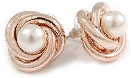 17mm D/Polished Rose Gold Tone Knot with Faux Pearl Bead Stud Earrings