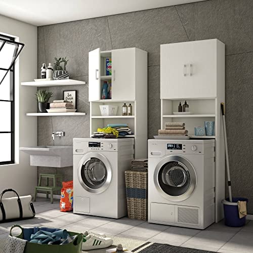 Dmora Armadio Multiuso Anemone, Mobile lineare a 2 Ante battenti e Ripiani, Mobile per Lavanderia portalavatrice, 100% Made in Italy, 65x32h195 cm, Bianco