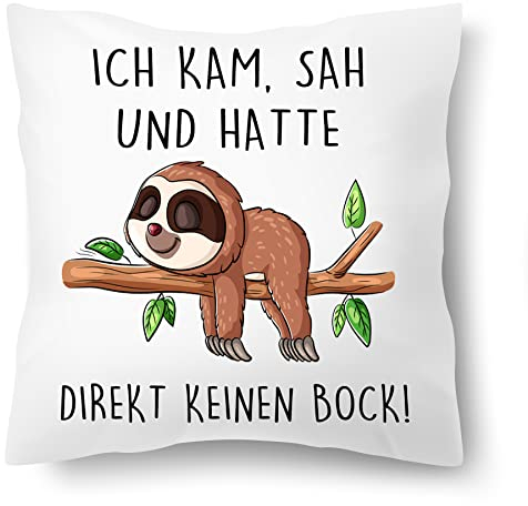 Blickfang Lustiges Kissen Bedruckt mit Spruch ICH KAM, SAH UND Hatte DIREKT KEINEN Bock Faultier | Dekokissen | Kuschelkissen 40X40 | Kissenbezug | mit oder ohne Füllung (mit Kissenfüllung)