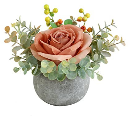 Rosscer Kit de flores artificiales con maceta, combinación de rosas naranjas de seda falsa y vegetación, decoración de plantas pequeñas para oficinas, estanterías, dormitorios, salas de estar,