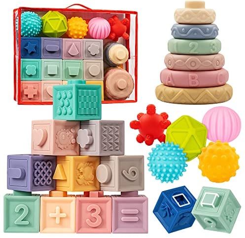 Jyusmile Baby Toys 6-12 Months, Montessori Toy for Babies 6-12 Months, Incl Stacking Building Blocks & Soft Infant Teething Toys & Sensory Balls for Toddlers 0-3-6-9-12 Month