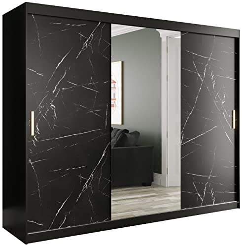 MEBLE KRYSPOL Schiebetürenschrank Marmur T1 250 cm Kleiderschrank mit Spiegel Einlegeboden Schlafzimmer- Wohnzimmerschrank Schiebetüren Modern Design -schwarz matt + schwarzer Marmor