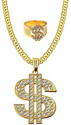 Weenkeey 2 pezzi Dollar Sign Collana Anello Set Hip Hop Dollar Collana Strass Catena d'oro per gli uomini Donne