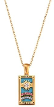 CERAVI Colorful Tarot Cards Symbolic Necklaces, Sun and Moon Pendant,18k Gold Plated Stainless Steel Square Colorful Enamel Tarot Cards Pendant Necklace Jewelry for Women Men (The Sun)