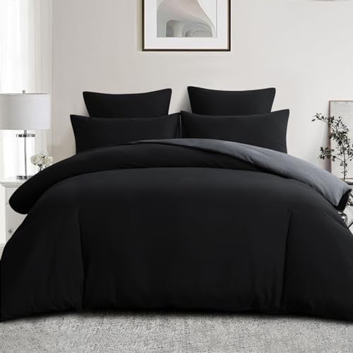 Aisbo Double Size Duvet Cover Set - Oeko-TEX 3Pcs Reversible Bedding Bed Set Black and Grey Double Soft Brushed Microfiber Quilt Cover with 2 Pillowcases 50x75cm