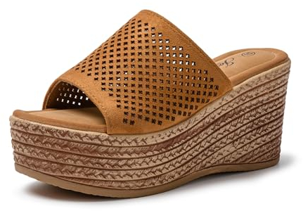 JOMIX Sandalen Damen Pantoletten mit Absatz Sommer Frauen Plateau Schuhe Keilsandalen Elegant Sommerschuhe (Braun, 40 EU, SD9097)