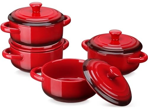 LOVECASA Mini Cocotte de Horno 380 ml 12 x 5,1 cm con Tapa, Juego de 4 Cacerolas de Gres, Pequeñas Cacerolas Redondas con 2 Asas, Moldes para Tartas, Recipiente para Una Persona, Rojo Hierro Gradual
