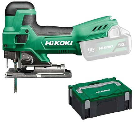 HIKOKI Sega alternativa a batteria CJ18DB (18 V, corsa della sega: 26 mm, numero di giri a vuoto: 550-2500 min-1, tagli obliqui R/L: 45 °, raggio di taglio più piccolo: 25 mm), accessorio tutto in