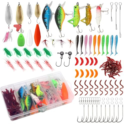 AMZSKU Surtido de 116 señuelos de pesca, incluyendo giradores, VIB, anzuelos triples, anzuelos simples, anzuelos giratorios, pinzas, guías, etc. para pesca en agua dulce y salada