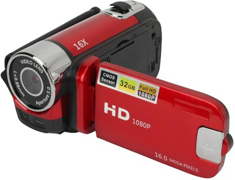 Akozon Cámara de Vídeo Digital, 1080p 16mp Cámara Digital 2,4 Pulgadas Pantalla Giratoria Videocámara 16x Zoom HD Grabadora de Vídeo con Luz de Relleno (Rojo)