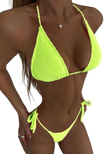 2024 Nuovo costume da bagno Bikini Set da 2 Pezzi da Donna Tessuto Rugato Costume Da Bagno Tinta Unita Brillante, giallo, M