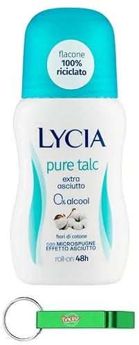 12x Lycia Deodorante Roll-On Pure Talc,Deodorant 0% Alkohol,mit Trockeneffekt-Mikroschwämmen - Deo Baumwollblumen 50ml + Beni Culinari Kostenloser Schlüsselanhänger