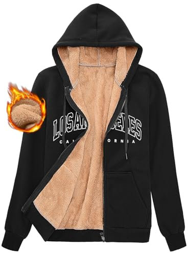 UMIPUBO Felpa Donna con Cappuccio Invernale Giacca Felpe con Zip Foderata in Pile Calda Maniche Lunghe Casual Los Angeles Hoodie Sweatshirt con Tasche Cappotto in Pile Cerniera (Nero, XXL)
