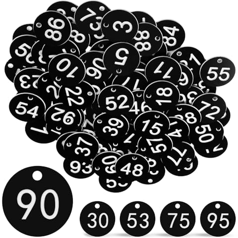 Aoreun 100 Stück Gravierte Nummernschilder, Zahlenmarken mit Loch, Nummernschilder aus Kunststoff Nummerierte Anhänger Runde Nummernschilder Nummeriert Kennzeichnungsmarken (Nummer 1-100,Schwarz)