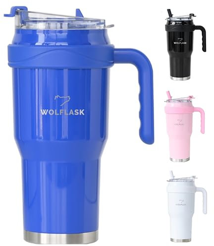 WOLFLASK 1183ml/40oz Insulated Stainless Steel Mug, with Straw, Lid and Handle, Travel Mug, Leakproof, for Hot and Cold Drinks (Royal Blue)
