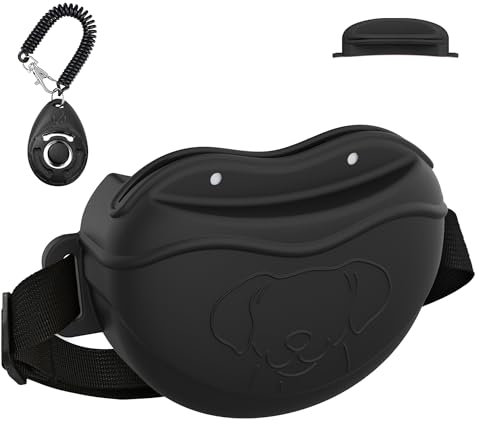 TUCANA Silicone Dog Treat Pouch for Pet Training – Upgraded 4 Strong Magnets Enhanced Magnetic Closure, Ease of Cleaning, Come with Adjustable Wasit Belt and Effective Dog Clicker (Black)