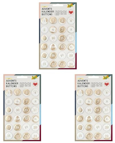folia 1219 - Adventskalender Buttons, Perlmutt, 24 Stück, aus Metall, zum Gestalten individueller Adventskalender, weiß/gold (Packung mit 3)