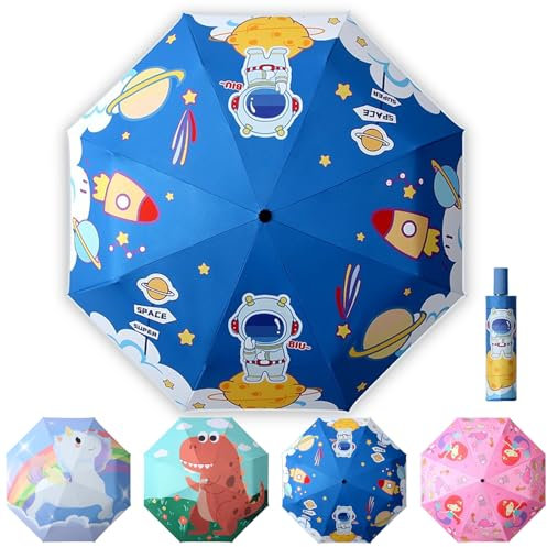 EEPLUYTY Kinder-Klappschirm, Kinderschirm Reflektierend Mit Schirmhülle, Manueller Faltbarer Acht-Knochen-Regenschirm, Wind- Und Regendicht, Geeignet Für Jungen Und Mädchen (dunkelblau)
