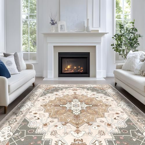Luogort Gelb Teppich Wohnzimmer 160x230cm, Waschbarer Vintage Teppich Kurzflor Teppiche mit Rutschfester Rückseite – Weich, Kindersicher & Pflegeleicht für Büro Esszimmer Kinderzimmer