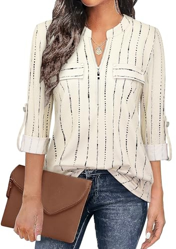 Siddhe Damen V-Ausschnitt Bluse 3/4 Ärmel Tunika mit Reißverschluss Elegant Longbluse Lange Shirt Casual Langarm Top Shirt Oberteil