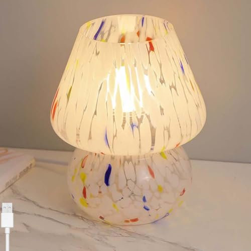LOGT Pilzform Tischlampe mit Schalter und Kabel Innen Nachttischlampe Dimmbar Tischleuchten USB Ladeanschluss Mushroom Lampe Glas Lampenschirm Dekoration Beleuchtung für Schlafzimmer Wohnzimmer