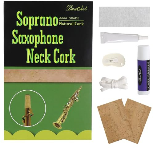 Zubehör für Saxophone, Ersatz-Set für Korken des Sopransaxophons, 2 Saxophon-Korken, Klebstoff, Korkfett, Messer, Klebeband und Schleifpapier.