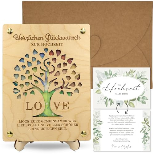 ZUKLA Geldgeschenk Verpackung Hochzeit mit Ständer, Glückwunschkarte und Umschlag 20x15 cm - Holz Hochzeitskarte - Hochzeitsgeschenk für das Brautpaar - Geschenk Hochzeit -Hochzeitsgeschenk Geld