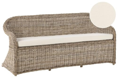 Beliani Gartenbank mit Armlehnen Rattan naturfarben Auflagen beige 189 cm Boho Susua