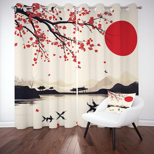 Sobhdga Japanisch Rote Sonne Vorhänge, Natur Landschaft Vorhang Blickdicht, Kirschblüten See Gardinen für Wohnzimmer Schlafzimmer, Kälteschutz Thermovorhang mit Ösen 2er Set H 200 x B 140 cm