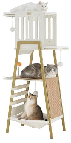 FourFurPets Modern Cat Tree, 58-Inch Cat Tower for Large Cats, Maine Coon Cat Tree with Scratching Board, Large Perch, Hammock and Removable Pads, White