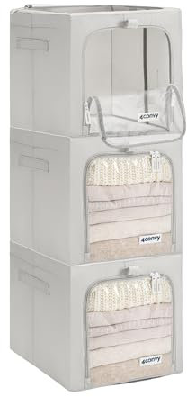 4CONVY feste faltbare Kleideraufbewahrung Box mit Metallrahmen, 2 transparente Fenster - [2024 VERBESSERTES MATERIAL] Aufbewahrungstasche für Bettdecken – stabile Aufbewahrungsbox für Kleidung - 3x40L