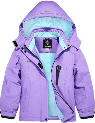 GEMYSE Veste de Ski Hiver pour Fille Enfant Blouson Chaud Imperméable Coupe-Vent avec Capuche et Doublure Polaire pour Neige de Montagne(Violet Clair avec Doublure Bleue,128-134)