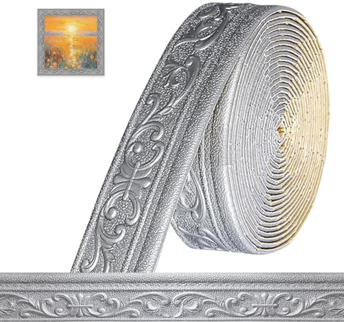 Bordüre Selbstklebend 3D Stuckleisten Wand - 10m x 8cm x 5mm - Zierleisten Selbstklebend, Wasserdicht Wandbordüre,Leisten Selbstklebende,Roll Border Trims für Ecken Linien Decken Dekoration,Silbergrau