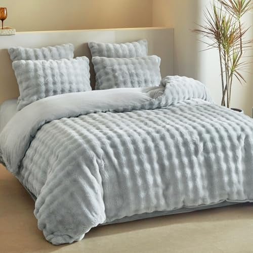Lekesky Fluffy Bedding - Super King Duvet Cover Sets, Shaggy Faux Fur Fleece Super King Duvet Set (1x Quilt Cover + 2x Pillowcases) Soft Warm Teddy Fleece Bedding Set 260x220 cm, Grey