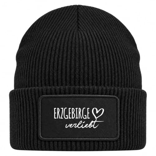 Huuraa Beanie Erzgebirge verliebt Geschenk | Black Geschenkidee Schwarze Rippstrick Wintermütze mit austauschbarem Klett Patch