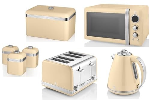 Swan Retro Cream 1.5L 3KW Jug Kettle, 4 Slice Toaster, 800W 20L Microwave, Bread Bin and Tea, Coffee, Sugar Canisters. Matching Retro Design Kitchen Set of 7 in Cream