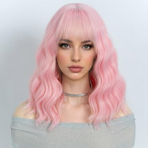 NOBLE Pink Wig Bob Wig with Bangs Short Loose Wavy Wigs for Women Shoulder Length Heat Resistant Synthetic Hair Bob Wavy Colored Wigs for Halloween Cosplay 12 Inches