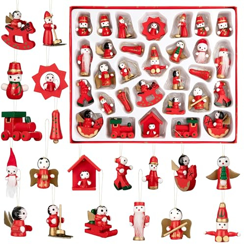 Wunderschöner Holz Baumbehang Weihnachtsanhänger, Holzfigur Anhänger bis zu 2,5-4 cm große Figuren, Weihnachtsbaum schmuck, Handbemalt Mini Puppe Ornamente, 30 Stücke