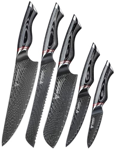 SANMUZUO 5-teiliges Messerset, schwarzes Damaststahl-Küchenmesser-Set, professionelles, ultrascharfes Kochmesser-Set mit ergonomischem Pakkaholz Griff – MIAO Serie