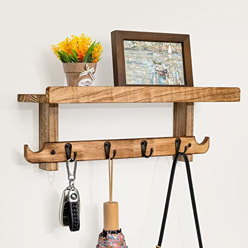 Emfogoo Kleiderhaken Wand, Rustikale Holz Wandgarderobe mit Ablage und 4 Metallhaken, Vintage Garderobenleiste für Flur, Eingang, Wohnzimmer, Schlafzimmer (Vintage Braun)