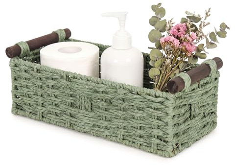 Paper Rope Storage Wicker Baskets for Toilet Tank Top with Wooden Handle Small Decorative Organizer Bin Rectangular Tray for Countertop Shelf Green
