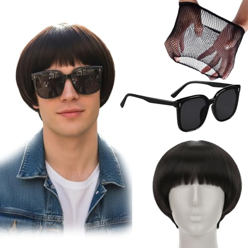 Bowl Cut Wig, Funny Wigs Set with Black Glasses and Head Cover, Complete Cosplay Costume for Anime Role Play, Mens Short Hair Wig for Themed Events and Fashion Photography